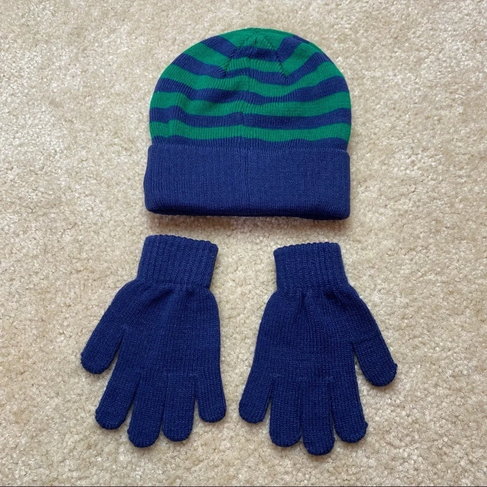 Blue and green knit Hat + Gloves set Boys Size Medium NWOT